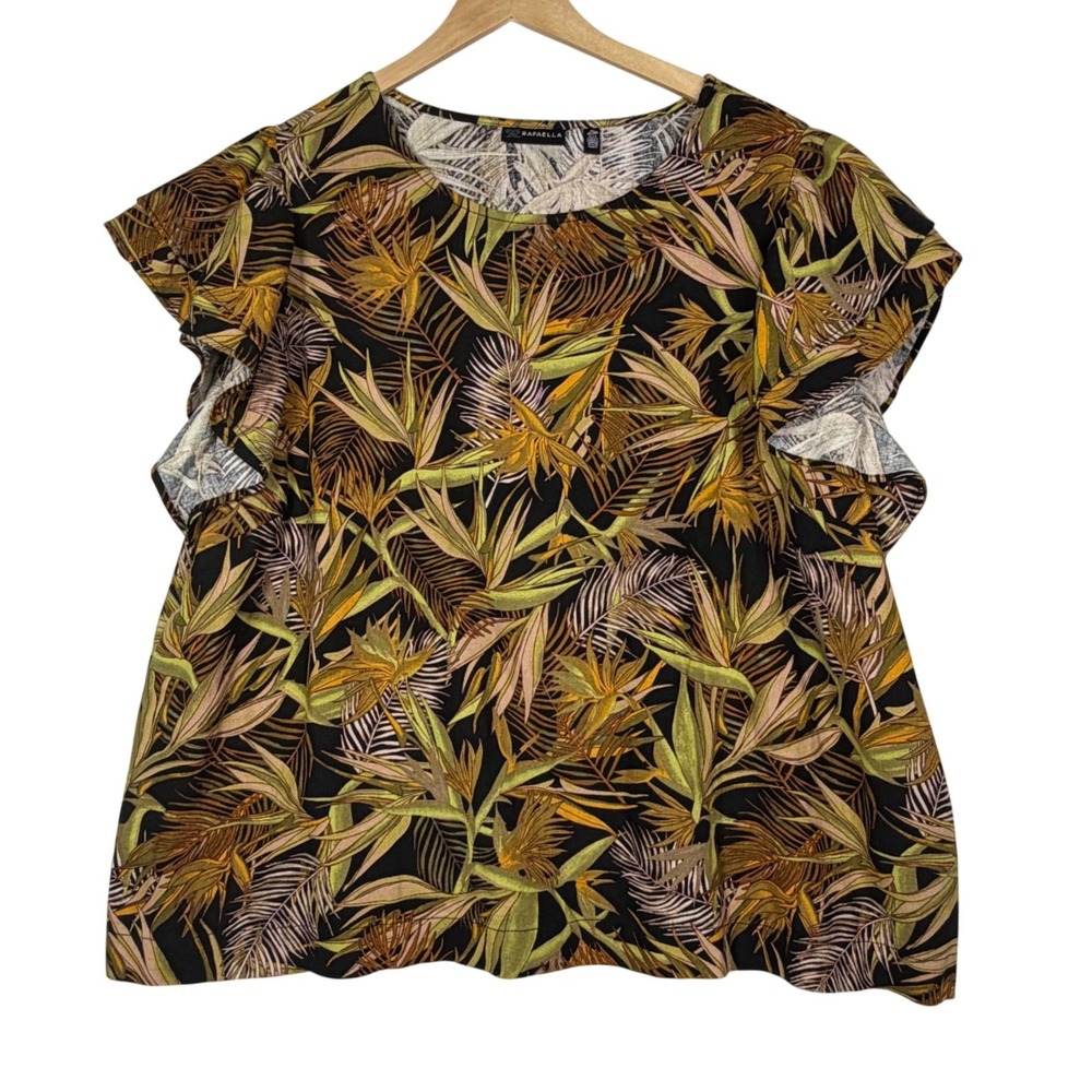 Rafaella Womens Size 2X Tropical Palm Leaf Linen Blend Top Ruffle Sleeve